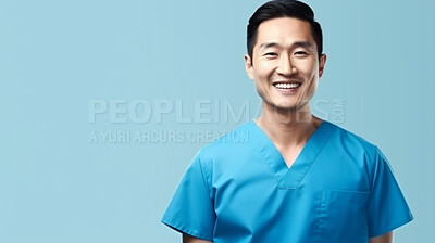 Buy stock photo Friendly medical doctor or nurse in blue uniform scrubs on copyspace background.