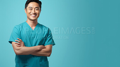 Buy stock photo Friendly medical doctor or nurse in teal uniform scrubs on copyspace background.