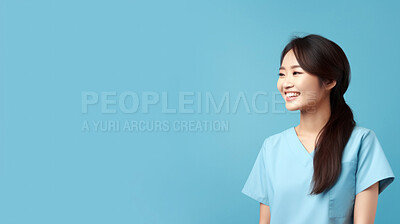 Buy stock photo Friendly medical doctor or nurse in blue uniform scrubs on copyspace background.