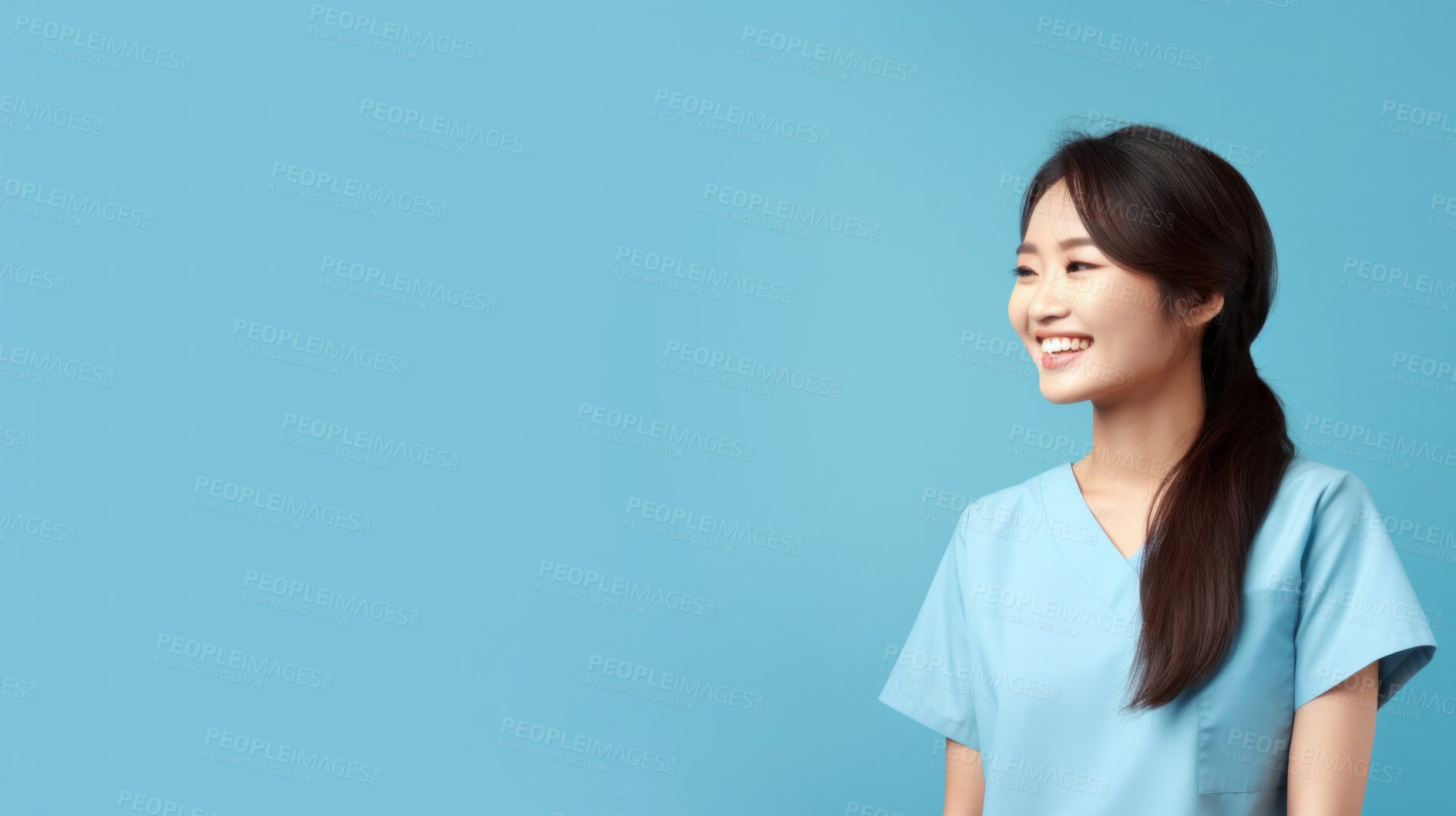 Buy stock photo Friendly medical doctor or nurse in blue uniform scrubs on copyspace background.