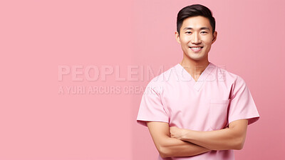 Buy stock photo Friendly medical doctor or nurse in pink uniform scrubs on copyspace background.