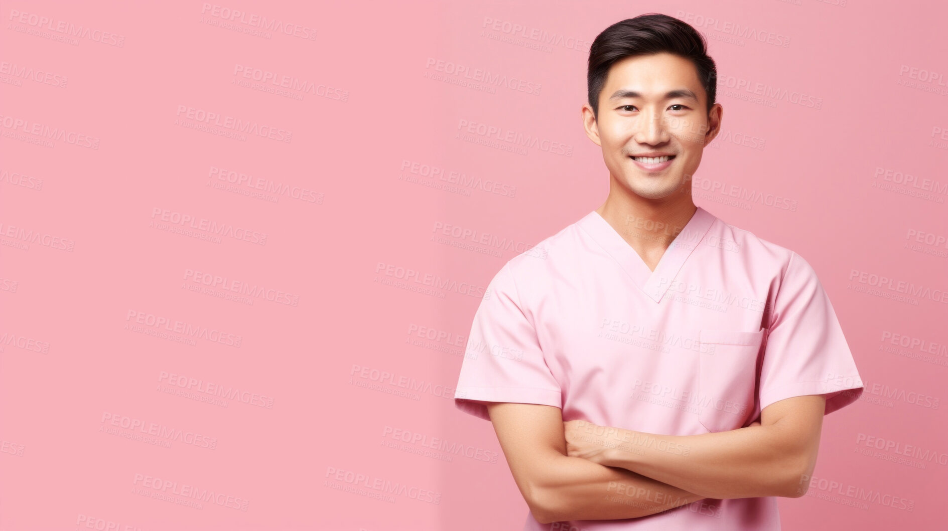 Buy stock photo Friendly medical doctor or nurse in pink uniform scrubs on copyspace background.