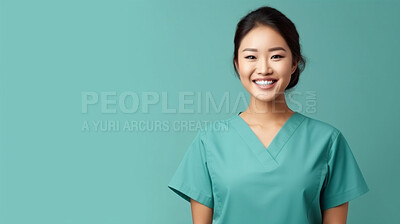 Buy stock photo Friendly medical doctor or nurse in green uniform scrubs on copyspace background.