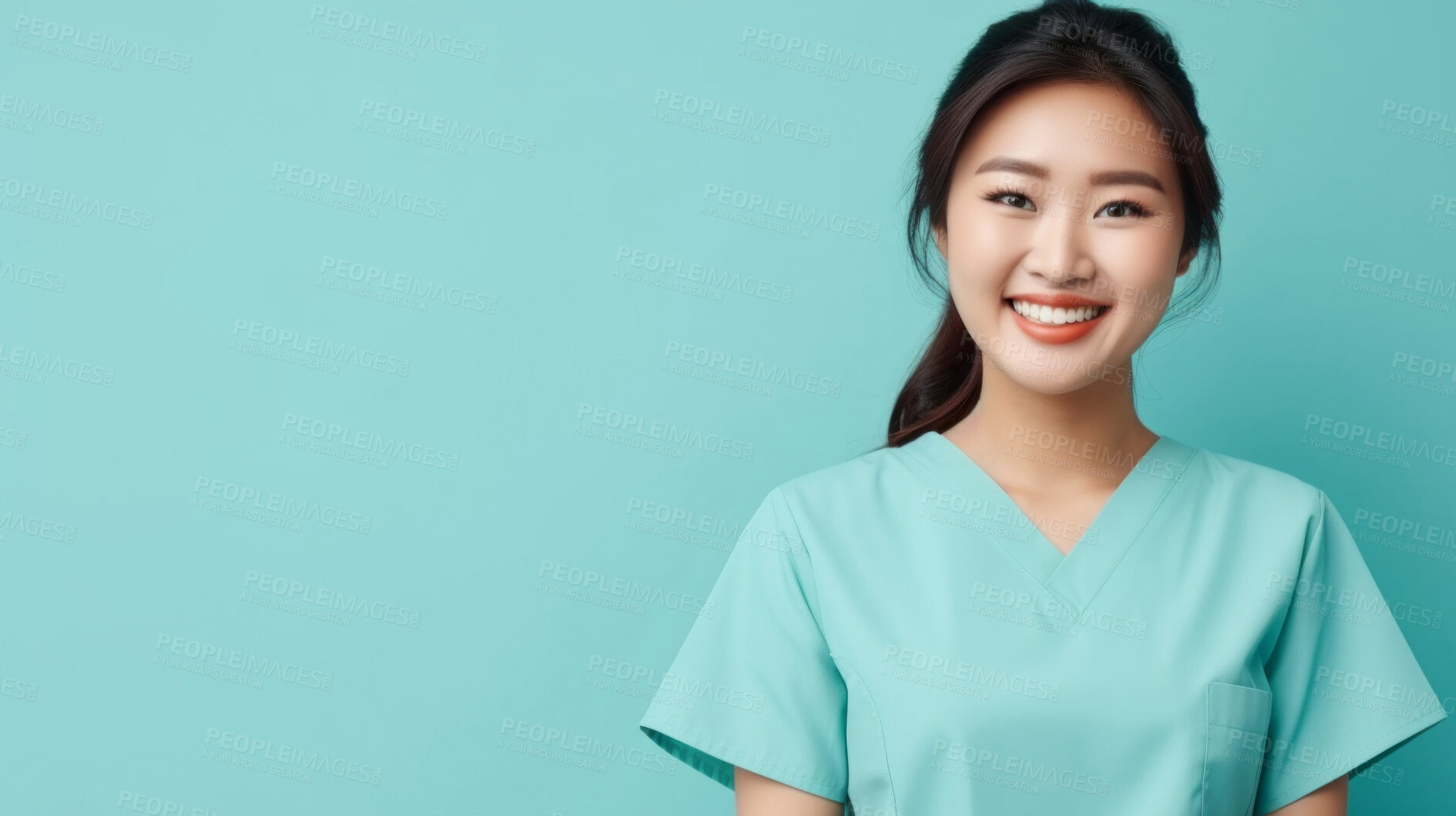 Buy stock photo Friendly medical doctor or nurse in green uniform scrubs on copyspace background.