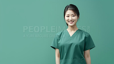 Buy stock photo Friendly medical doctor or nurse in green uniform scrubs on copyspace background.