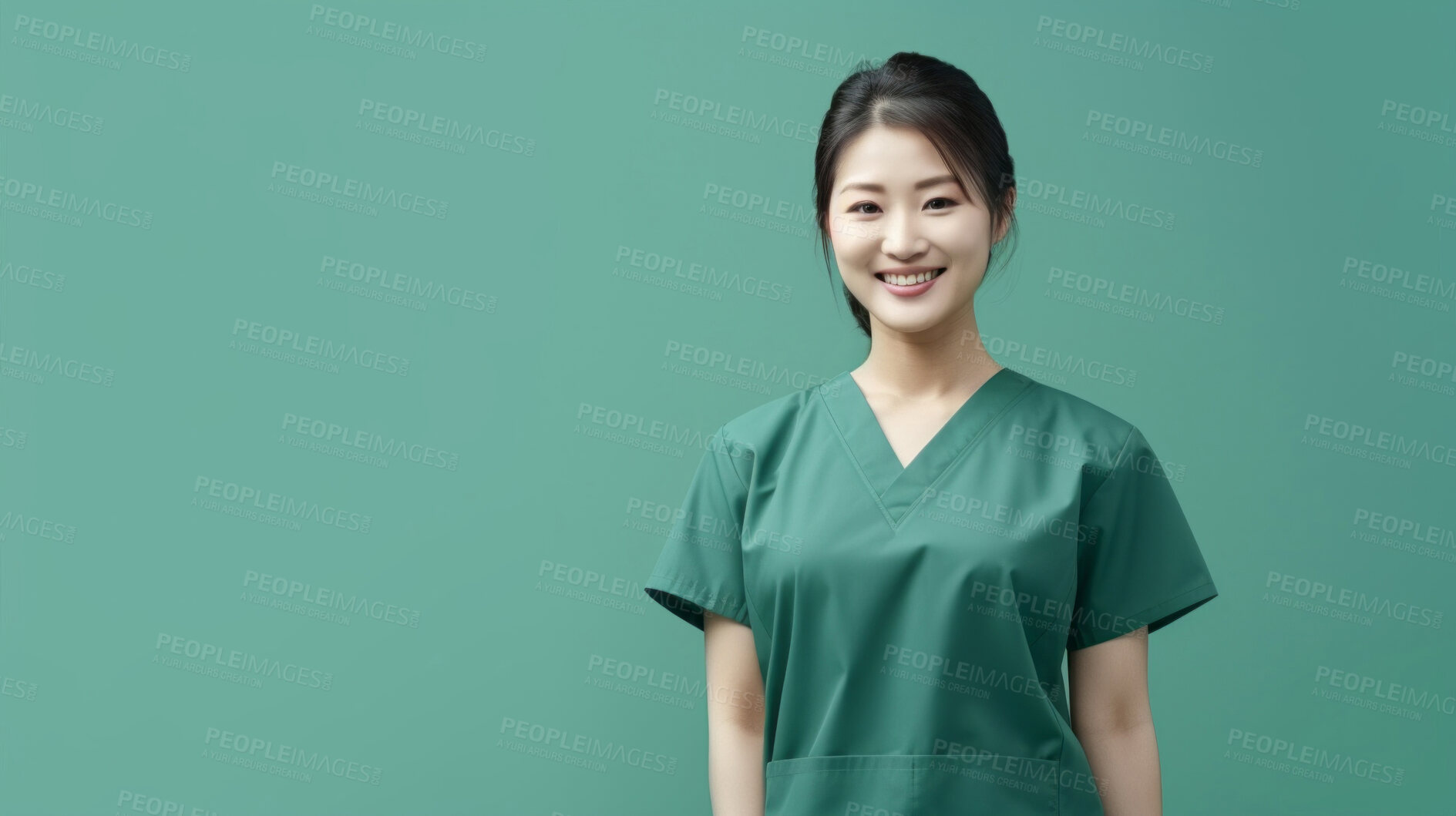 Buy stock photo Friendly medical doctor or nurse in green uniform scrubs on copyspace background.