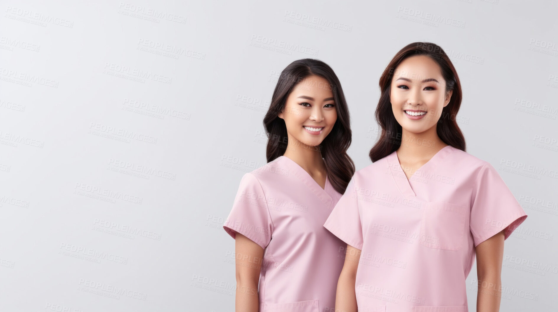 Buy stock photo Friendly medical doctors or nurses in pink uniform scrubs on copyspace background.