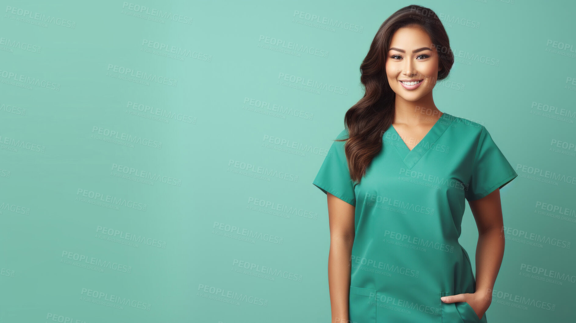 Buy stock photo Friendly medical doctor or nurse in green uniform scrubs on copyspace background.