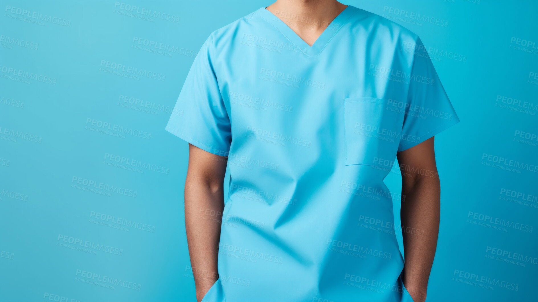 Buy stock photo Friendly medical doctor or nurse in blue uniform scrubs on copyspace background.