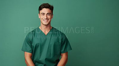 Buy stock photo Friendly medical doctor or nurse in green uniform scrubs on copyspace background.