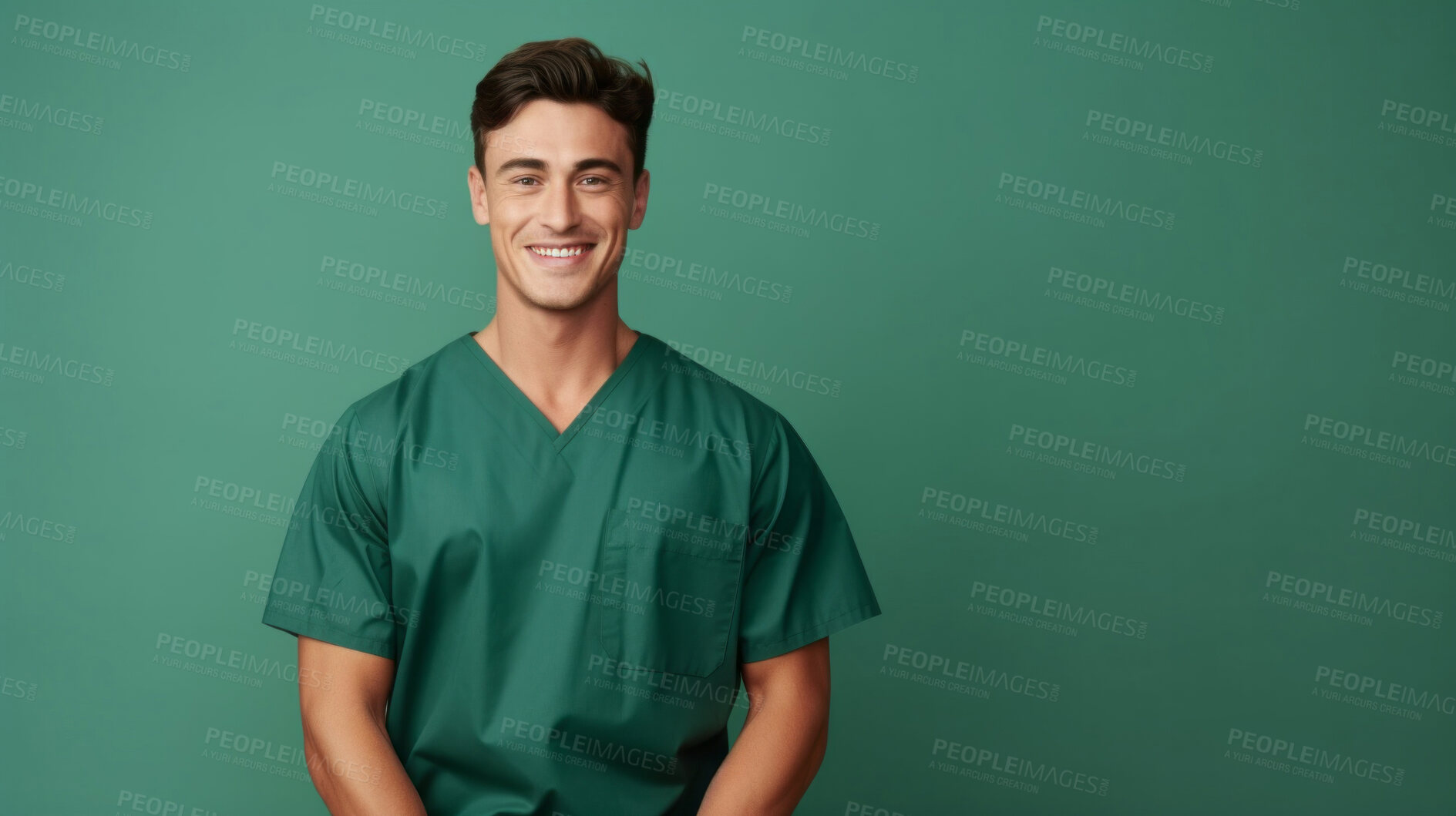 Buy stock photo Friendly medical doctor or nurse in green uniform scrubs on copyspace background.