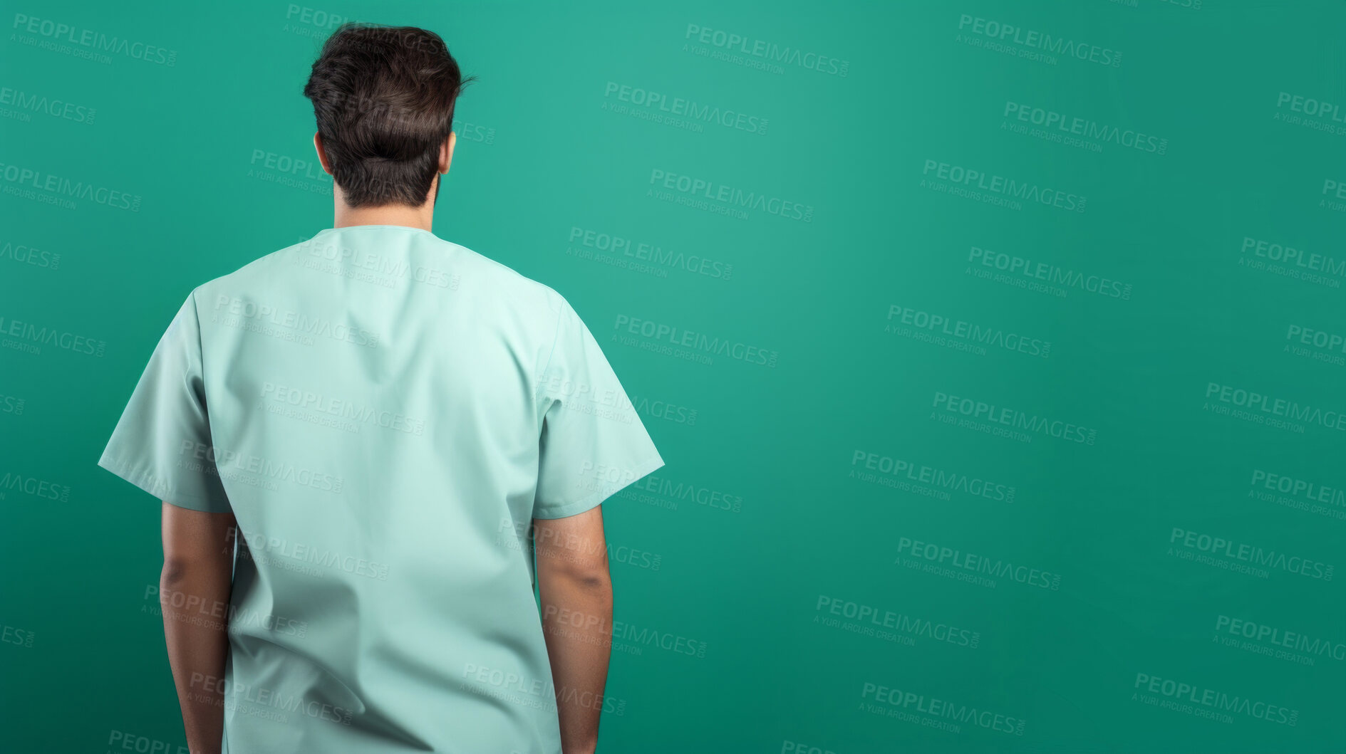 Buy stock photo Friendly medical doctor or nurse in green uniform scrubs on copyspace background.