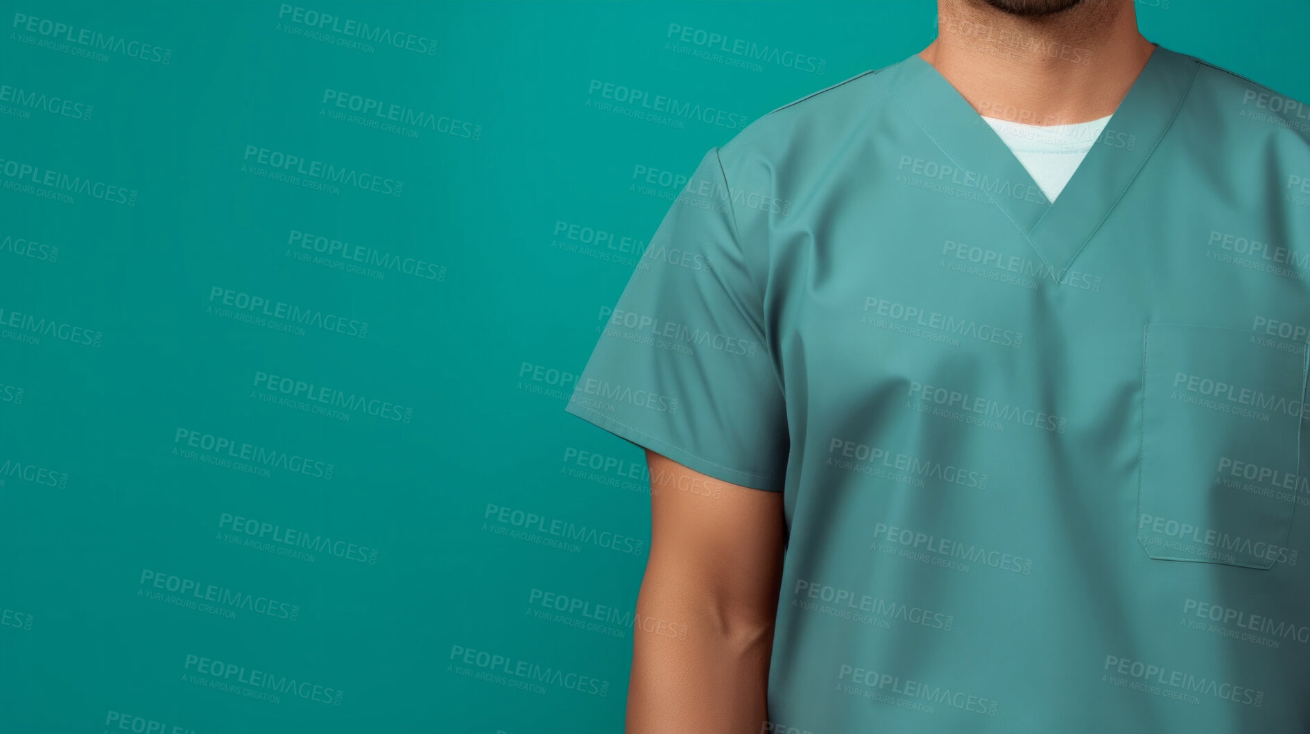 Buy stock photo Friendly medical doctor or nurse in green uniform scrubs on copyspace background.