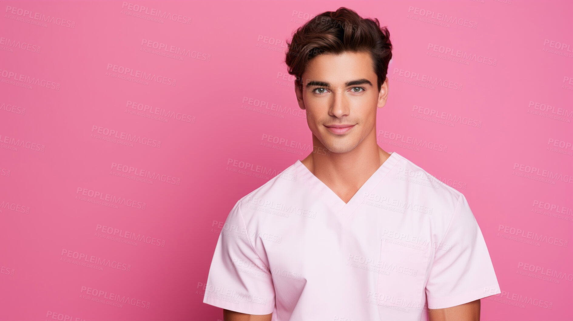 Buy stock photo Friendly medical doctor or nurse in pink uniform scrubs on copyspace background.