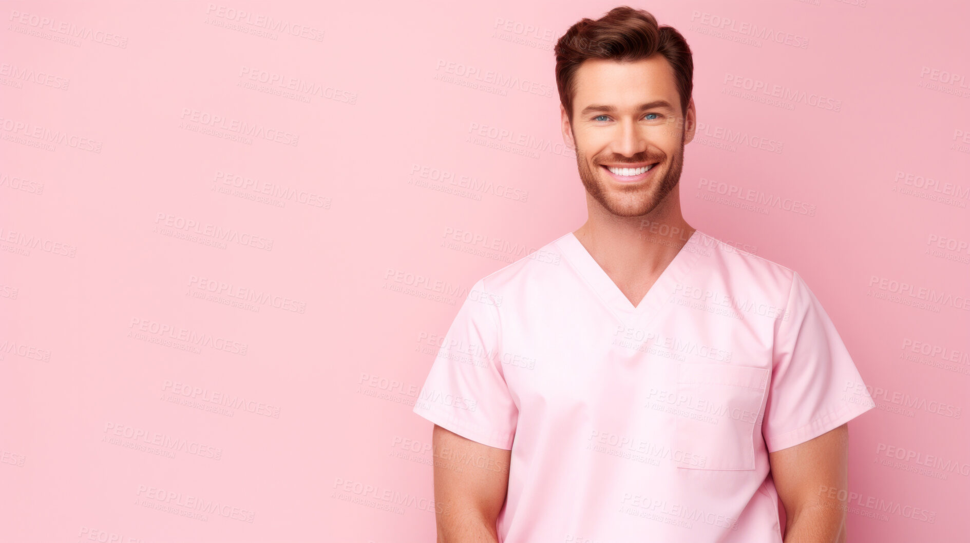 Buy stock photo Friendly medical doctor or nurse in pink uniform scrubs on copyspace background.