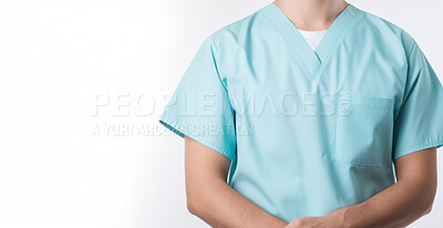 Buy stock photo Friendly medical doctor or nurse in blue uniform scrubs on copyspace background.