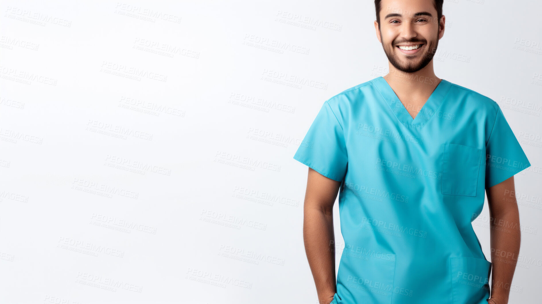 Buy stock photo Friendly medical doctor or nurse in blue uniform scrubs on copyspace background.