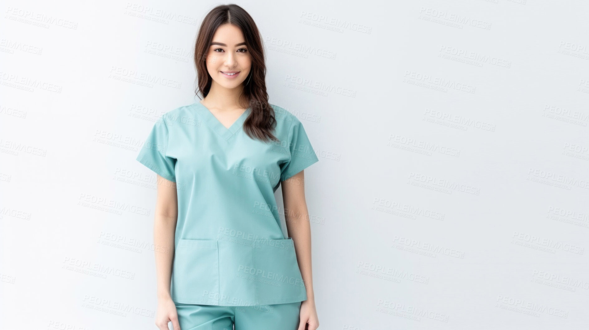 Buy stock photo Friendly medical doctor or nurse in blue uniform scrubs on copyspace background.