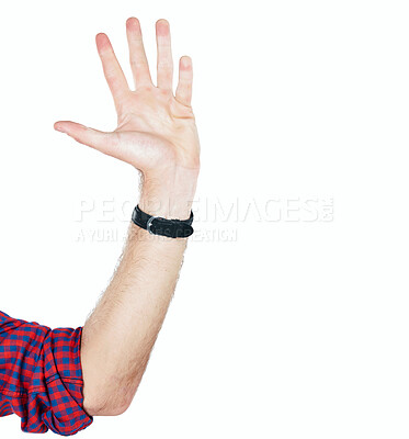 Buy stock photo Hand, high five or man with hello, greeting or five number gesture isolated on white studio background. Wave, stop or countdown sign language with person with palm in the air, mockup space or waving