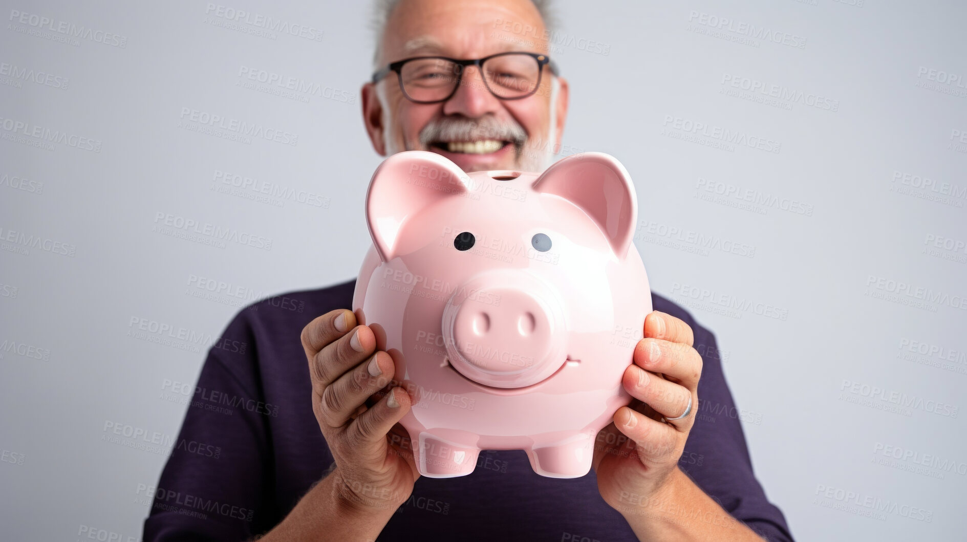 Buy stock photo Mature man holding a piggy bank. Savings, budget and money management concept