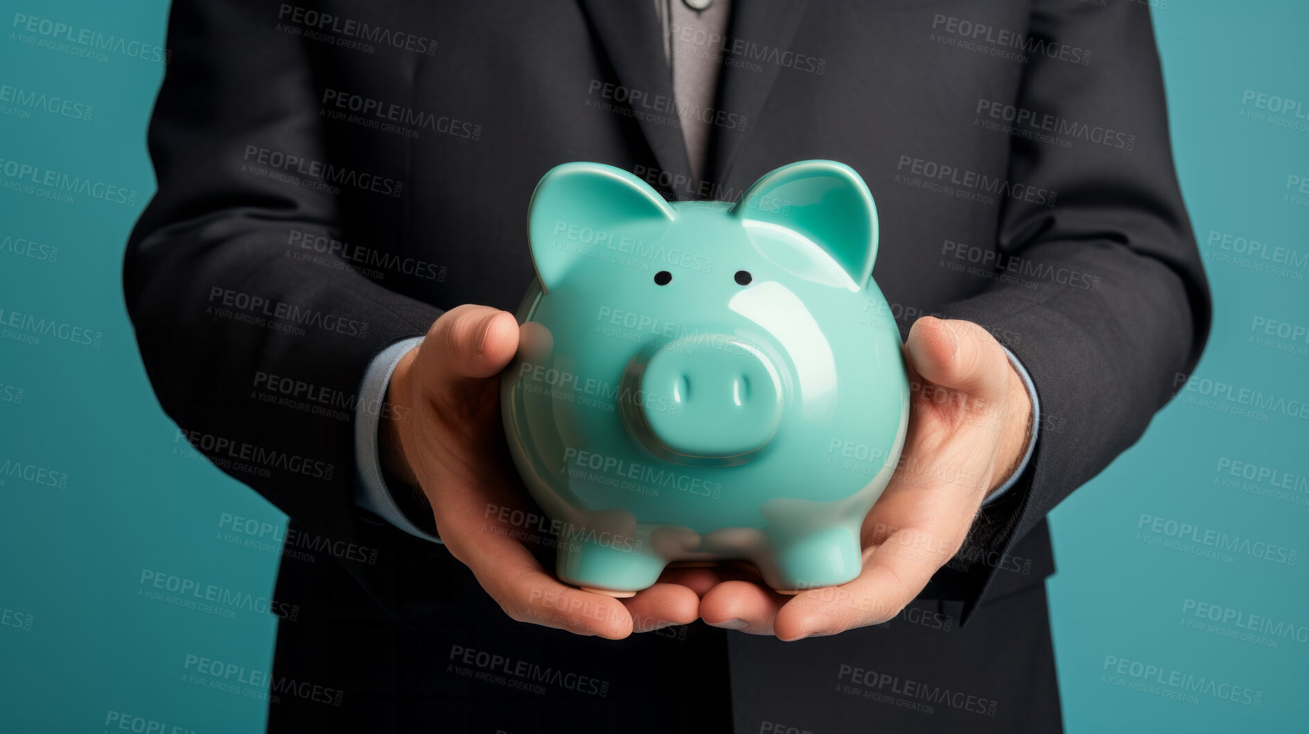 Buy stock photo Hands holding a piggy bank. Savings, budget and money management concept