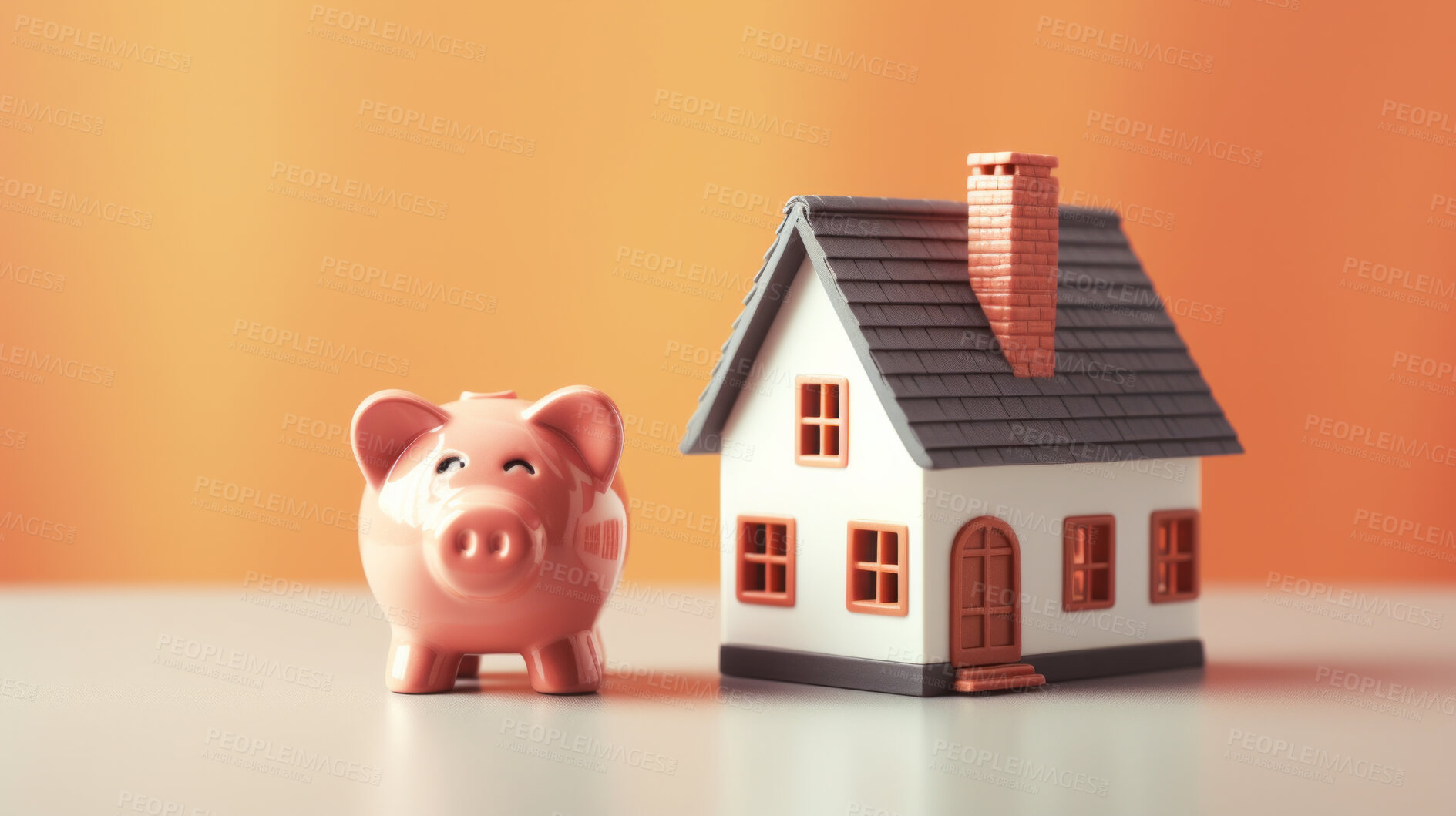 Buy stock photo Piggy bank and a house. Saving money for buying house, financial plan home loan