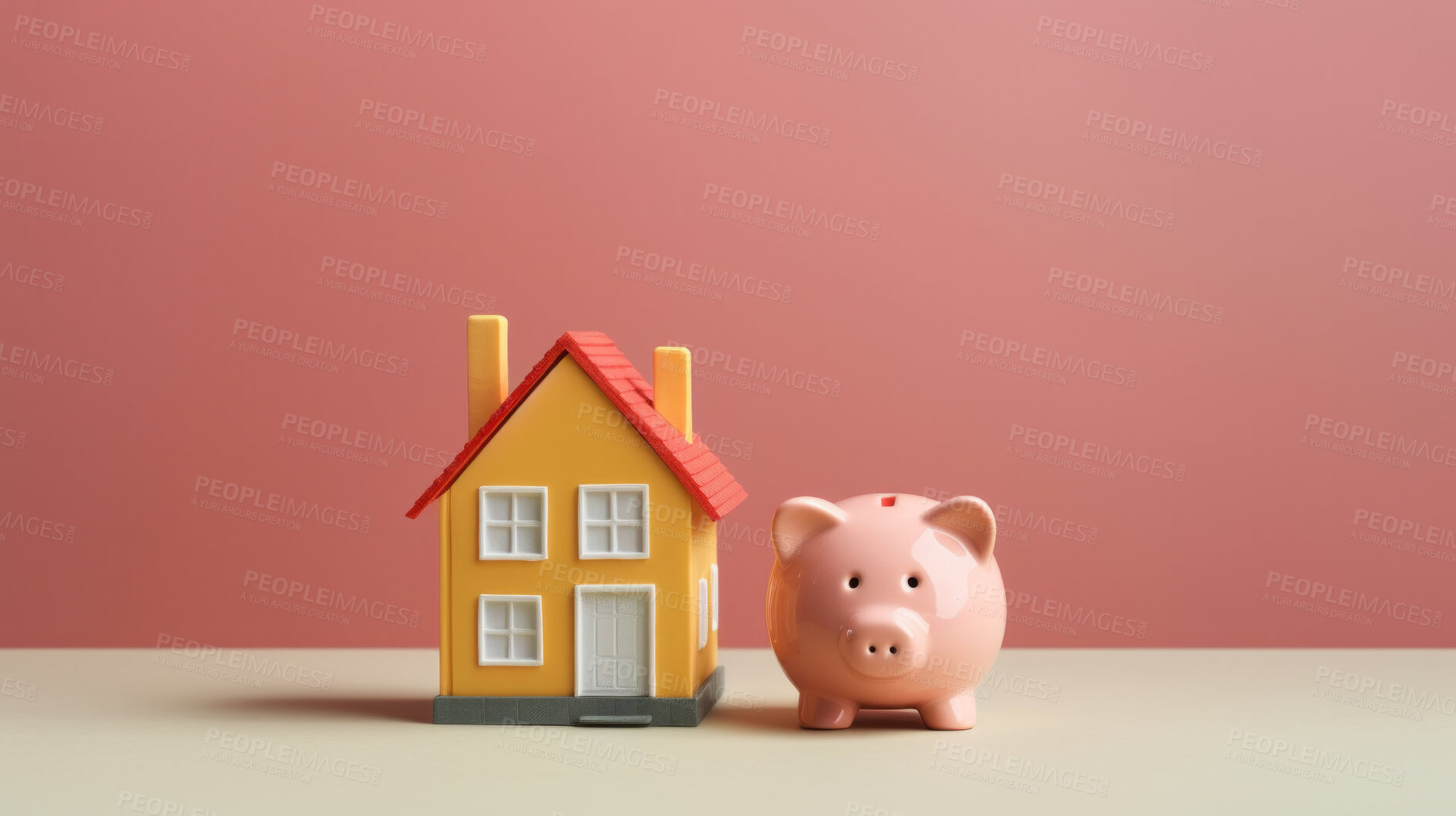 Buy stock photo Piggy bank and a house. Saving money for buying house, financial plan home loan