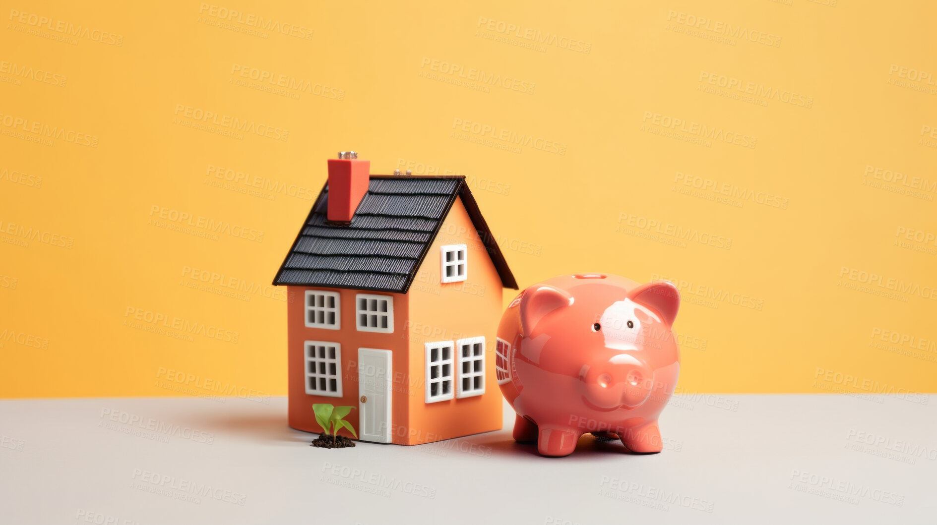 Buy stock photo Piggy bank and a house. Saving money for buying house, financial plan home loan