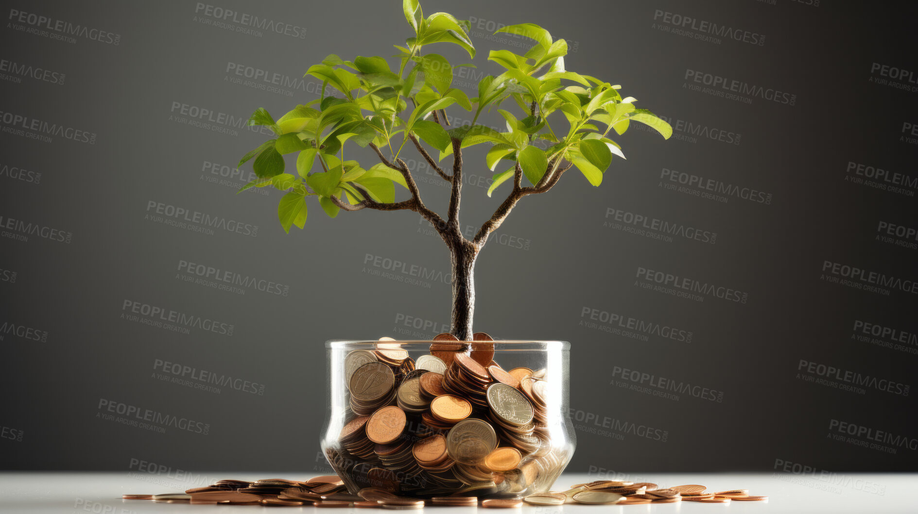 Buy stock photo Growing savings. Interest earning and investment growth with green plant and coins