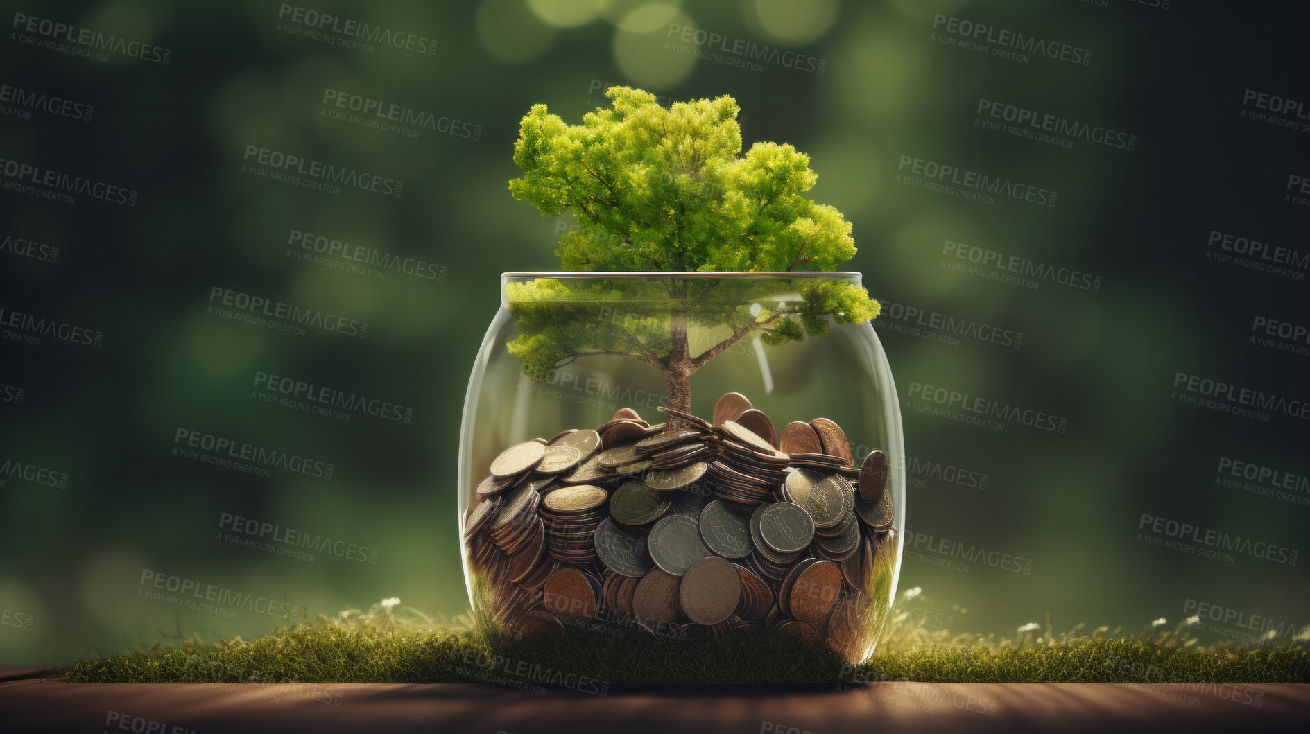 Buy stock photo Growing savings. Interest earning and investment growth with green plant and coins