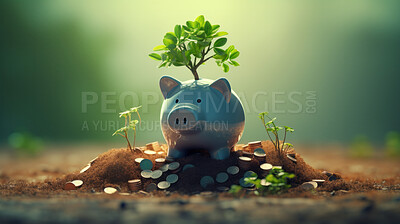 Growing savings. Interest earning and investment growth with green plant and coins