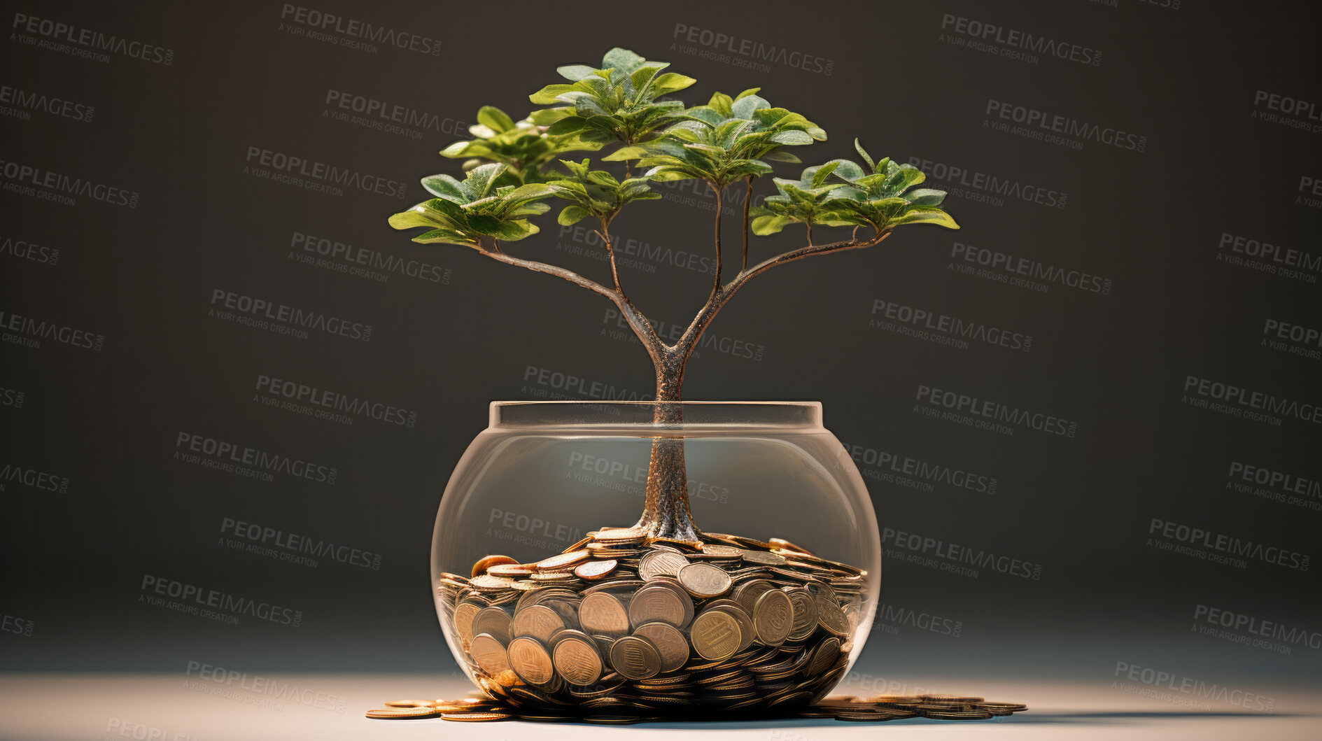 Buy stock photo Growing savings. Interest earning and investment growth with green plant and coins