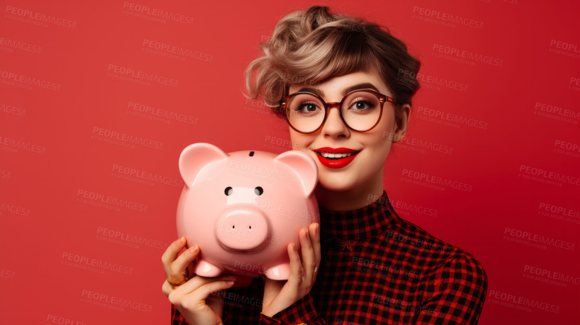 Buy stock photo Young woman holding a piggy bank. Savings, budget and money management concept