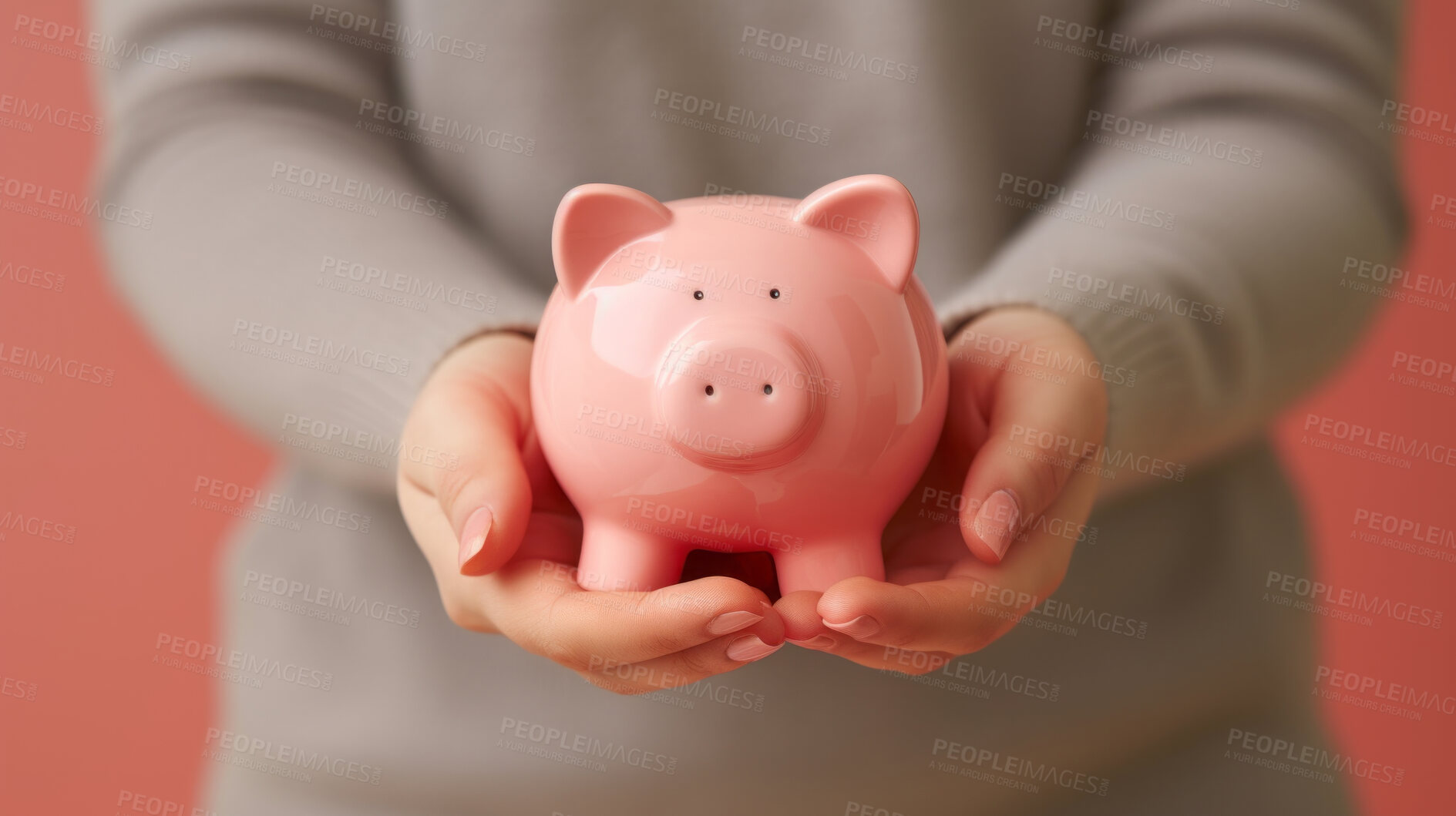 Buy stock photo Hands holding a piggy bank. Savings, budget and money management concept