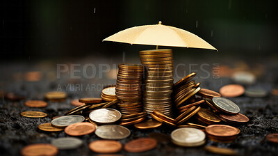 Coins protected by umbrella. Money saving, insurance, investment protection concept