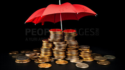 Coins protected by umbrella. Money saving, insurance, investment protection concept