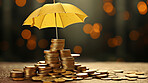 Coins protected by umbrella. Money saving, insurance, investment protection concept