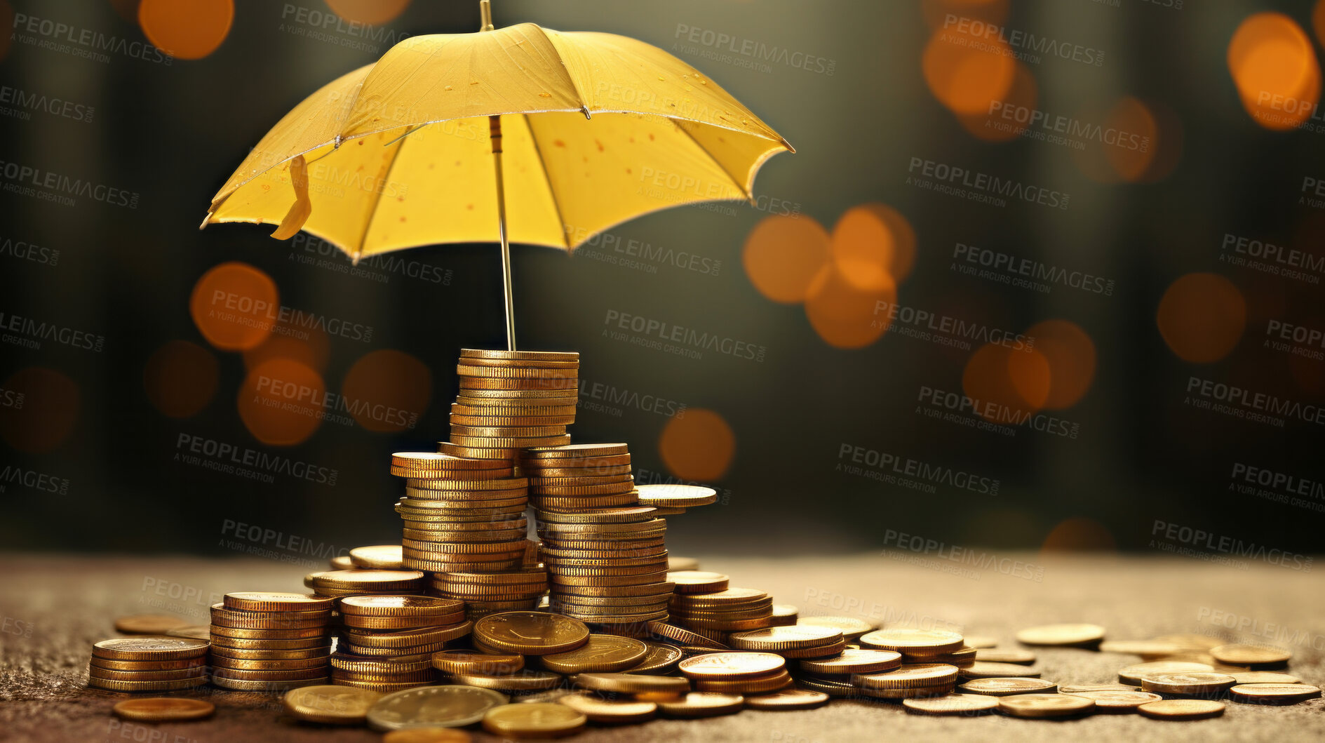 Buy stock photo Coins protected by umbrella. Money saving, insurance, investment protection concept