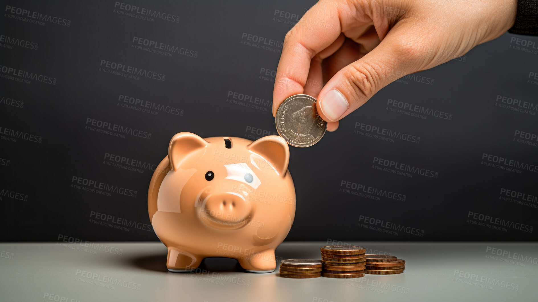 Buy stock photo Hand putting coin in piggy bank. Savings, budget and money management concept