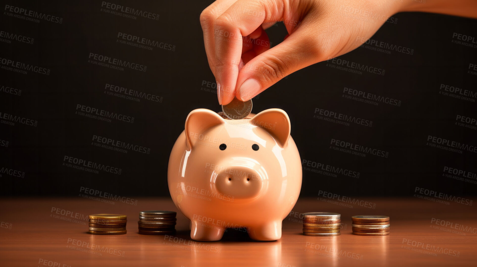 Buy stock photo Hand putting coin in piggy bank. Savings, budget and money management concept