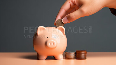 Hand putting coin in piggy bank. Savings, budget and money management concept