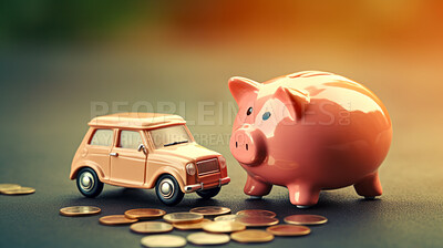 Car and piggy bank budget. Financing, auto tax, insurance and car loans, savings concept