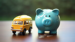 Car and piggy bank budget. Financing, auto tax, insurance and car loans, savings concept