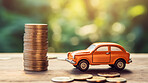 Car or vehicle with coins. Financing, auto tax, insurance and car loans, savings concept