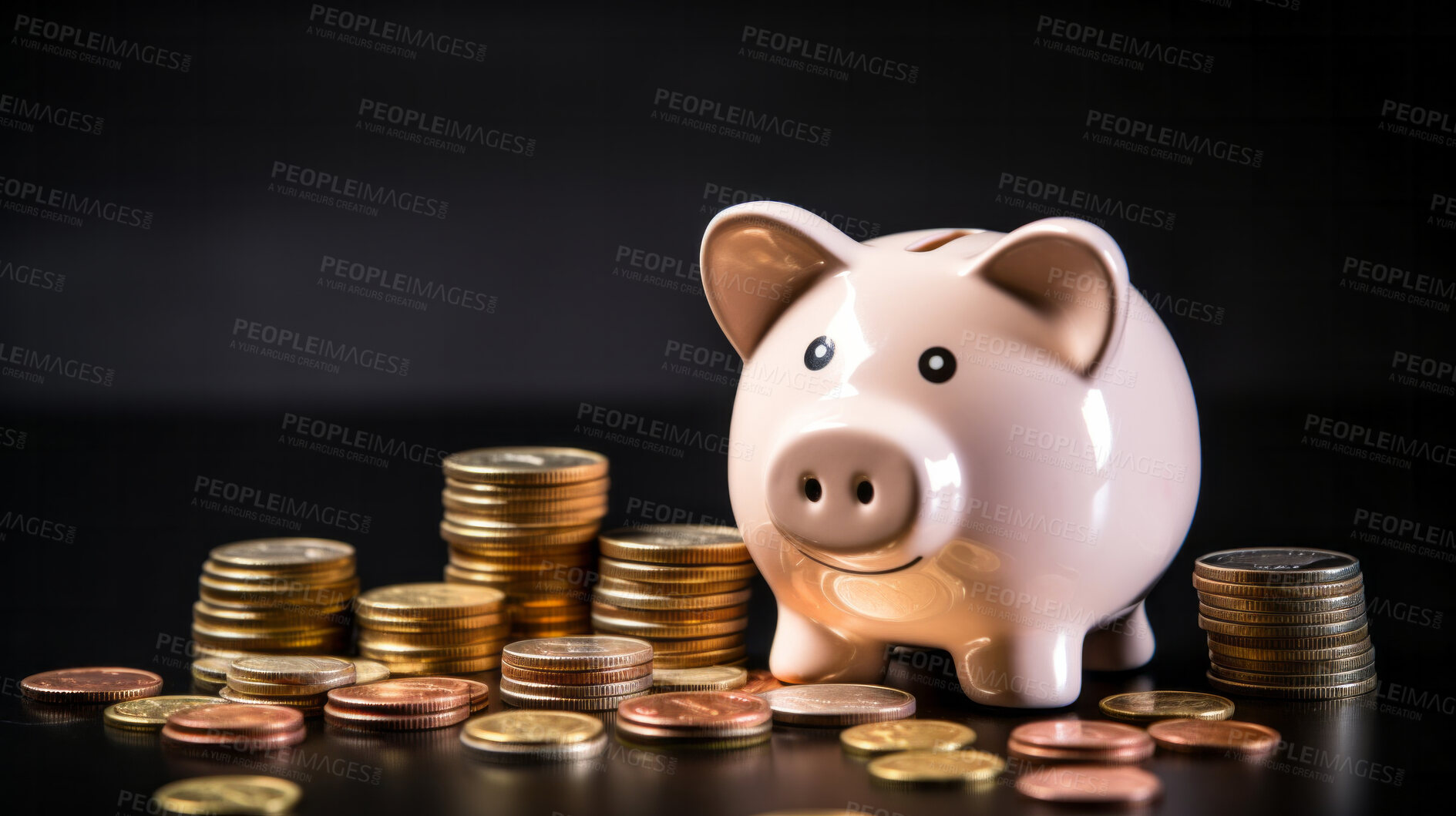 Buy stock photo Piggy bank with coins. Personal savings, budget and money management concept