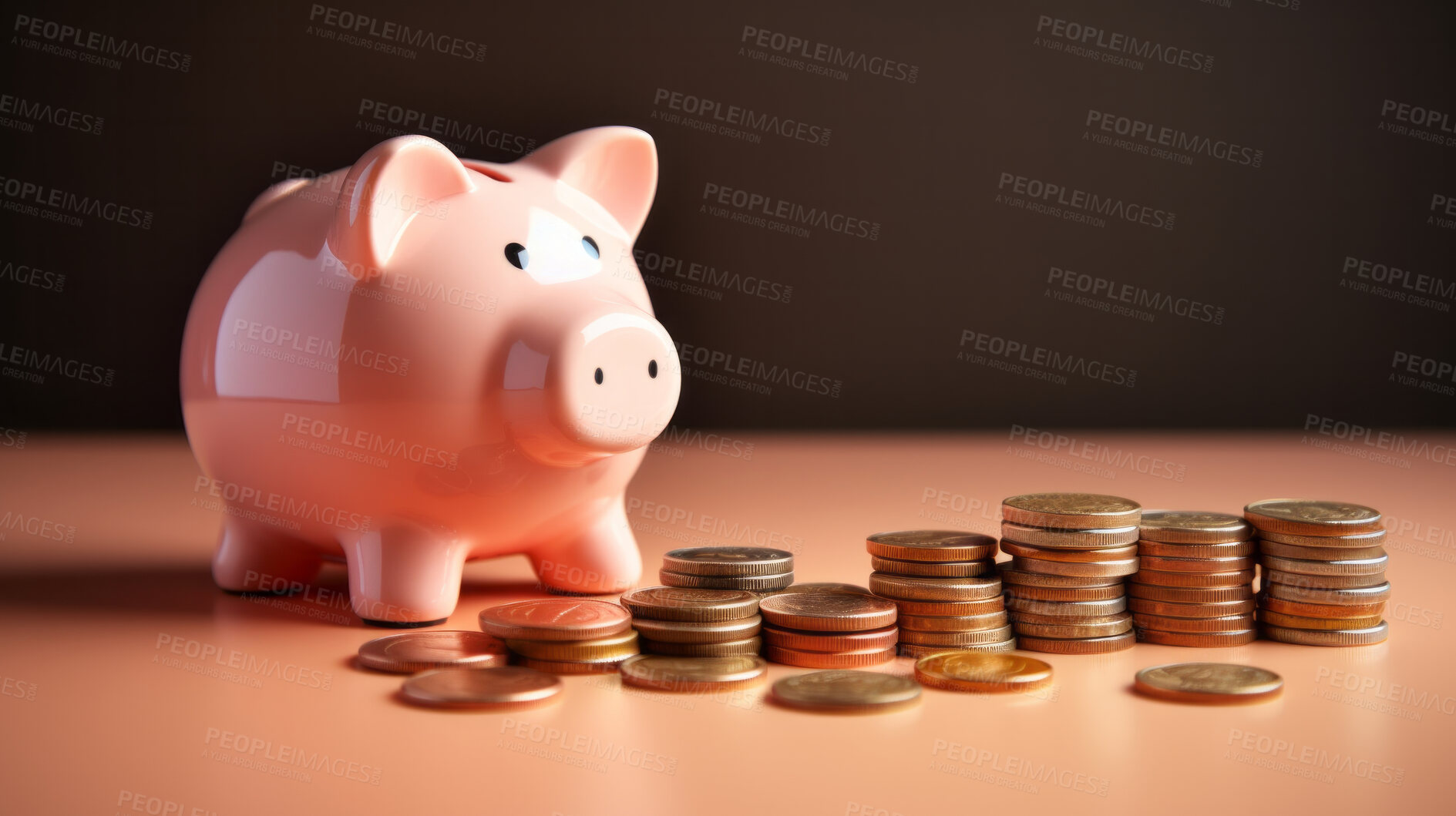 Buy stock photo Piggy bank with coins. Personal savings, budget and money management concept