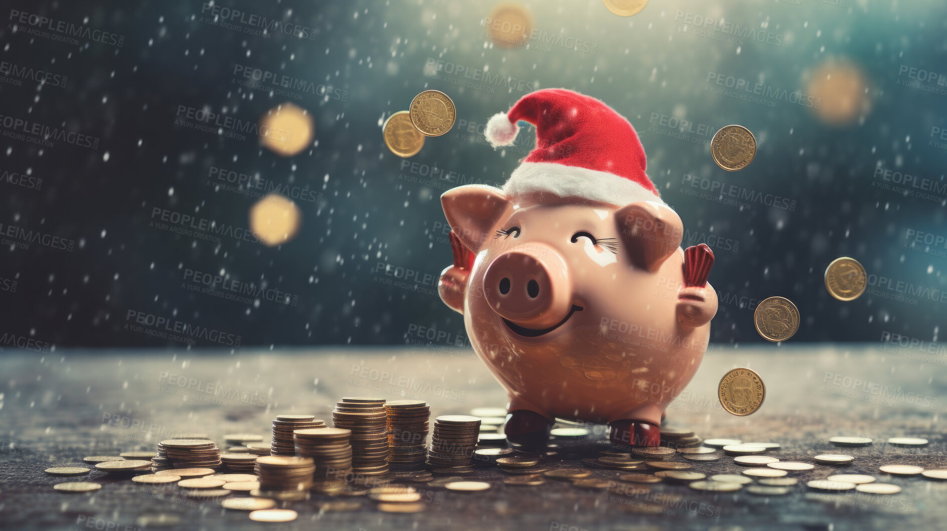 Buy stock photo Piggy Bank with Santa Hat for christmas spending, budget and money management