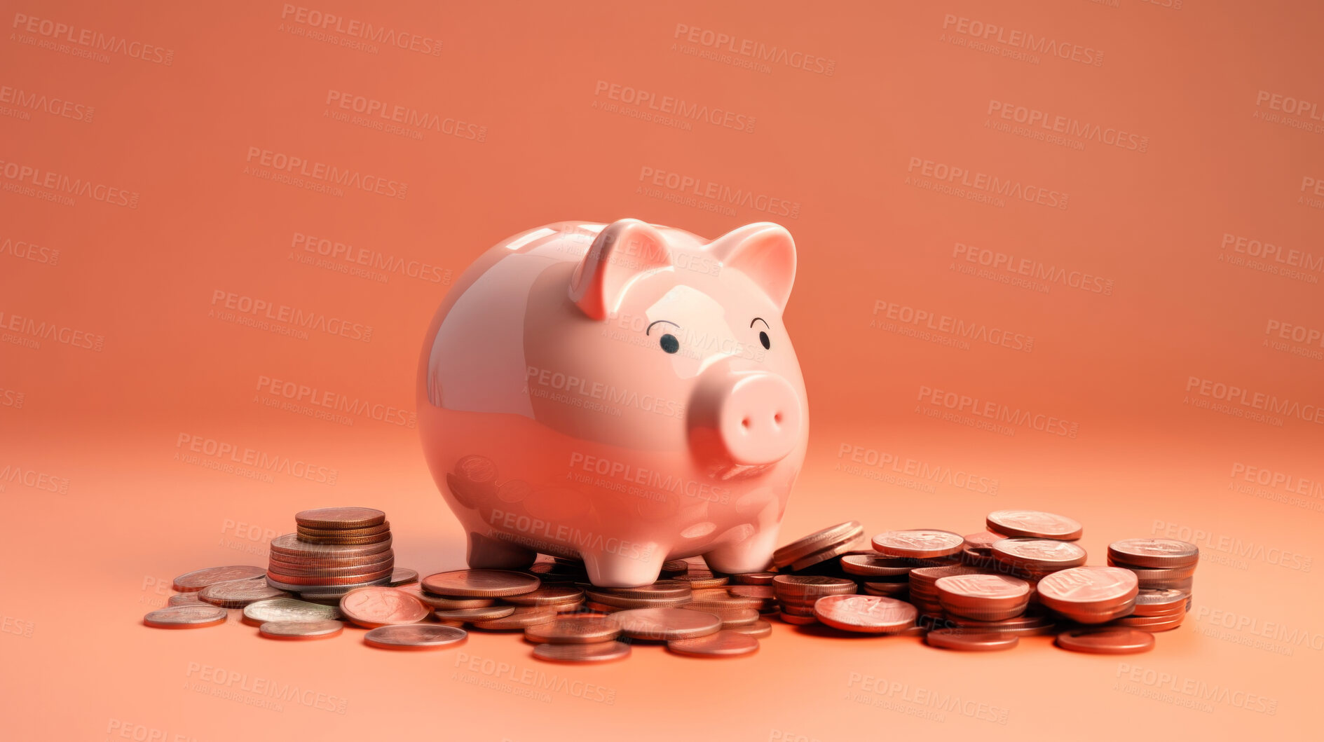 Buy stock photo Piggy bank with coins. Personal savings, budget and money management concept