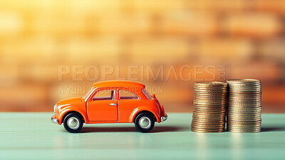 Car or vehicle with coins. Financing, auto tax, insurance and car loans, savings concept