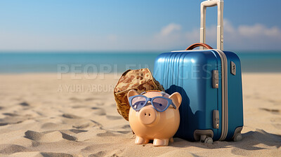 Piggy bank with luggage, for travel, holiday or vacation. Money saving budget concept